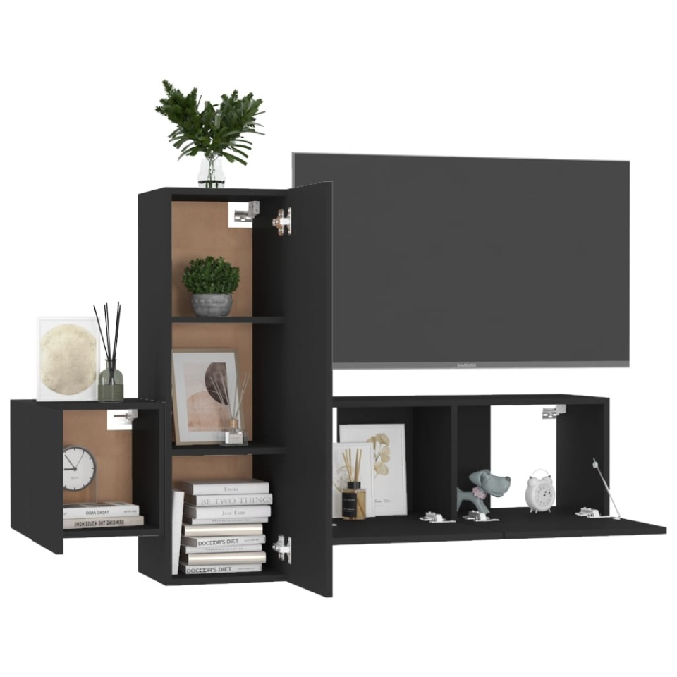 Set dulapuri TV, 3 buc., negru, lemn prelucrat - 2 | YEO