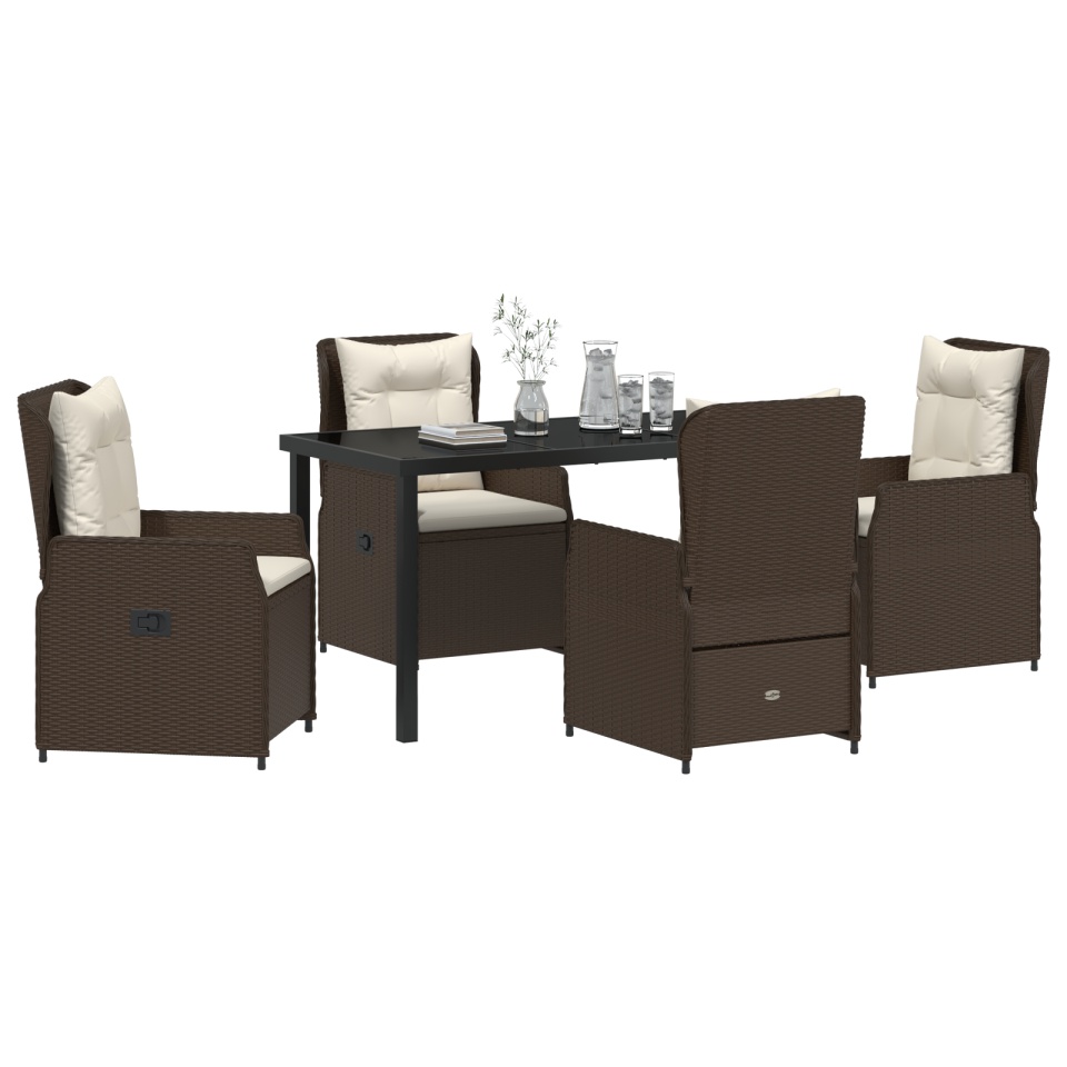 Set masă grădină 5 piese maro din poliratan, Masă grădină neagră 140x80x73 cm din sticlă securizată - 2 | YEO