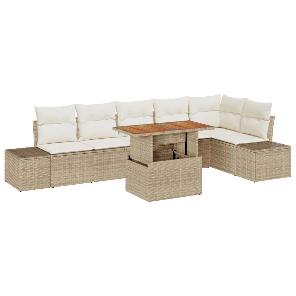 Set masă grădină 7 piese cu perne Bej Ratan Acacia - 1 | YEO
