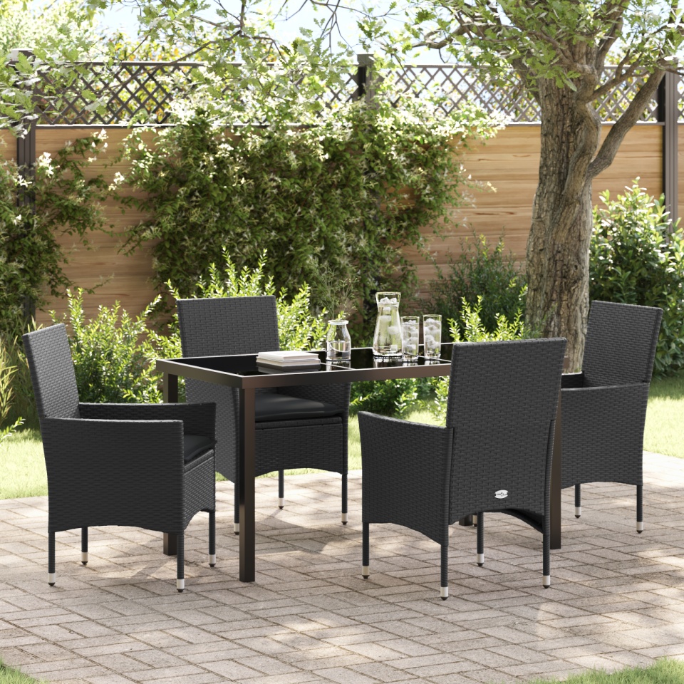 Set mese grădină 5 piese cu perne poliratan negru, Masă neagră 140x80x73 cm din sticlă securizată