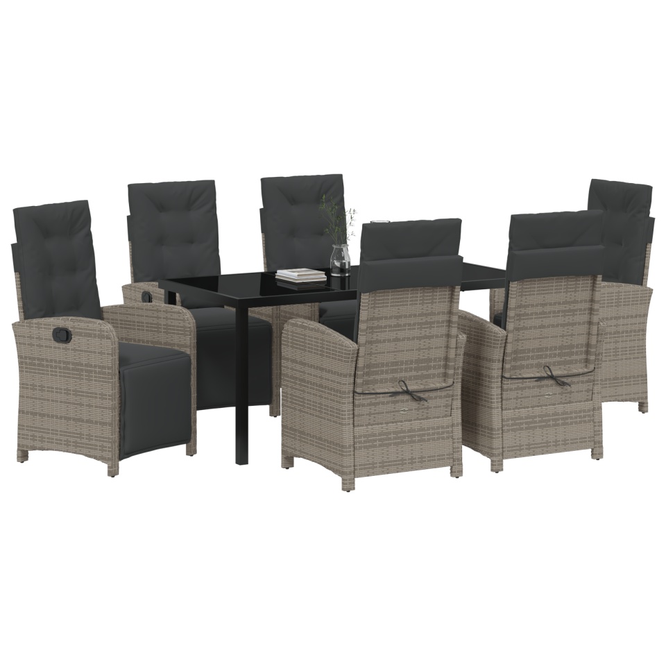 Set mese grădină 7 piese cu perne gri din ratan polimeric, Masă grădină neagră 160x80x73 cm din sticlă temperată - 2 | YEO