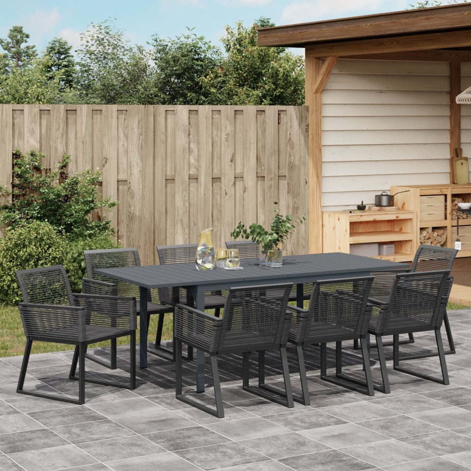 Set mese grădină 9 Piese Negru Poliratan, Masă grădină extensibilă Anthracite (140-210)x90x73 cm Oțel - 3 | YEO