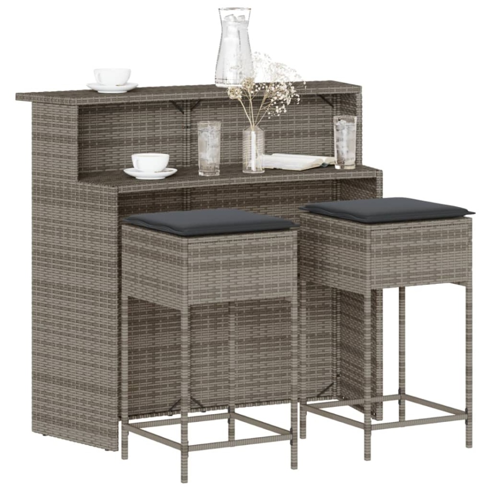 Set mobilier bar de grădină, cu perne, 3 piese, gri, poliratan