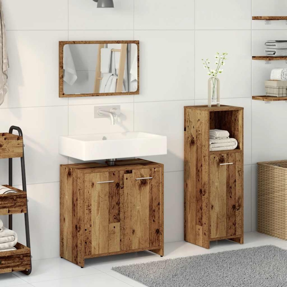Set mobilier de baie, 3 piese, lemn vechi, lemn prelucrat - 2 | YEO