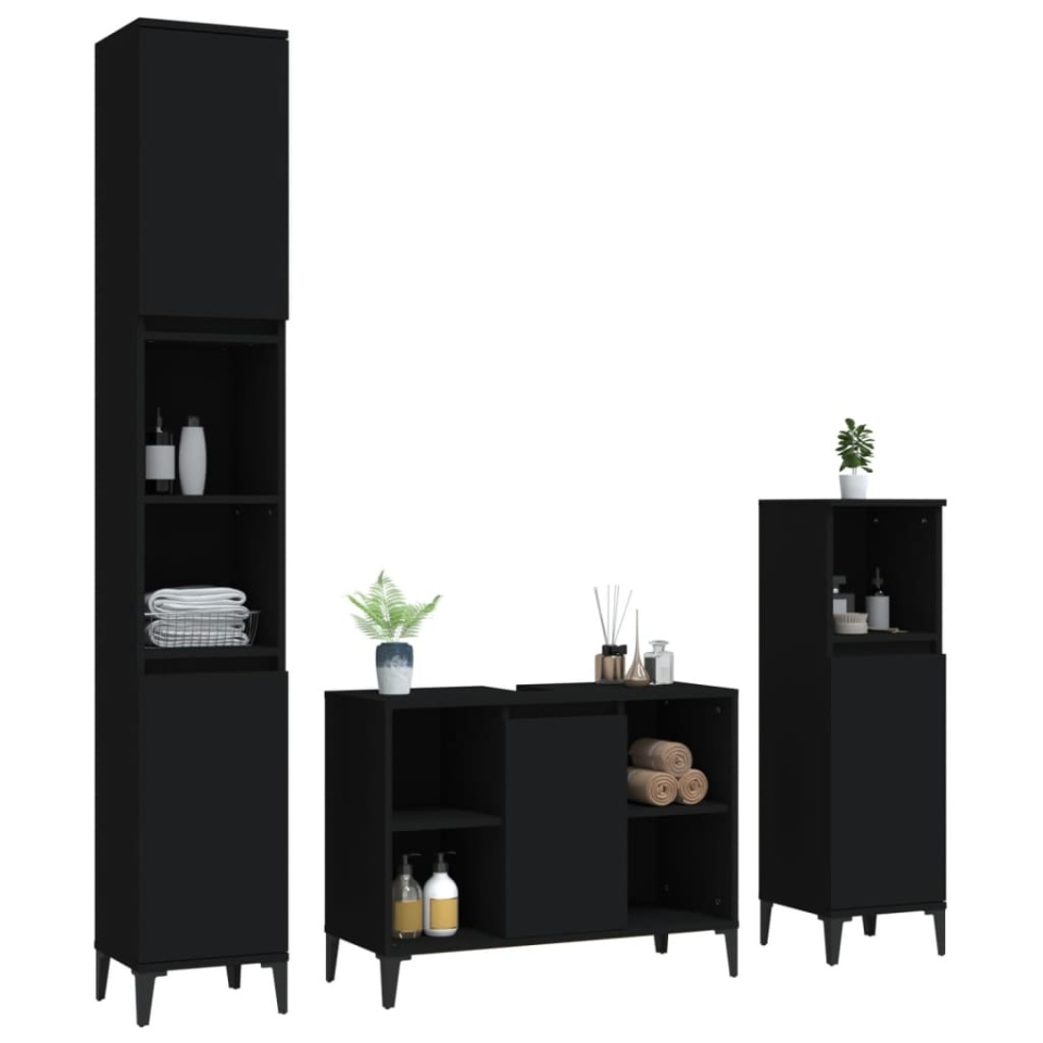 Set mobilier de baie, 3 piese, negru, lemn compozit - 3 | YEO