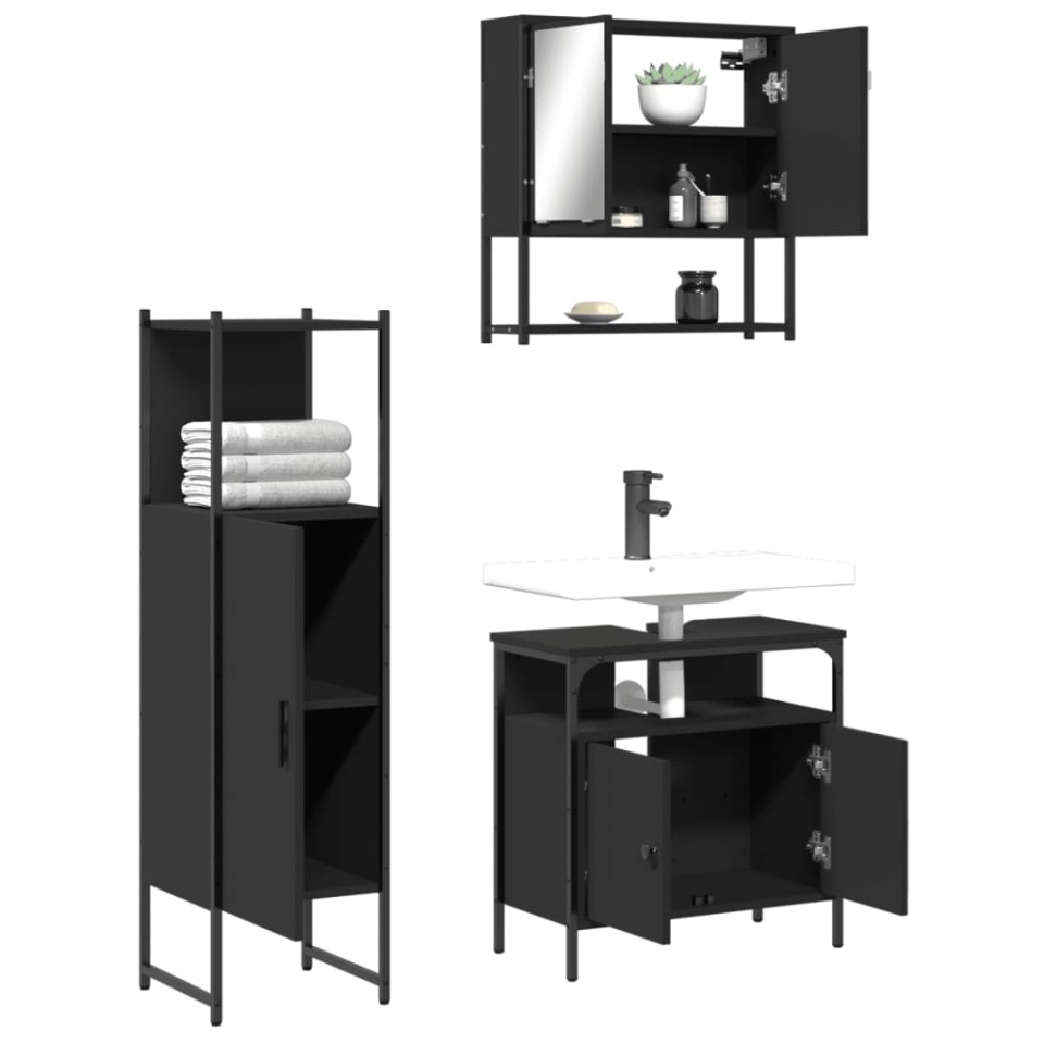 Set mobilier de baie, 3 piese, negru, lemn compozit - 3 | YEO