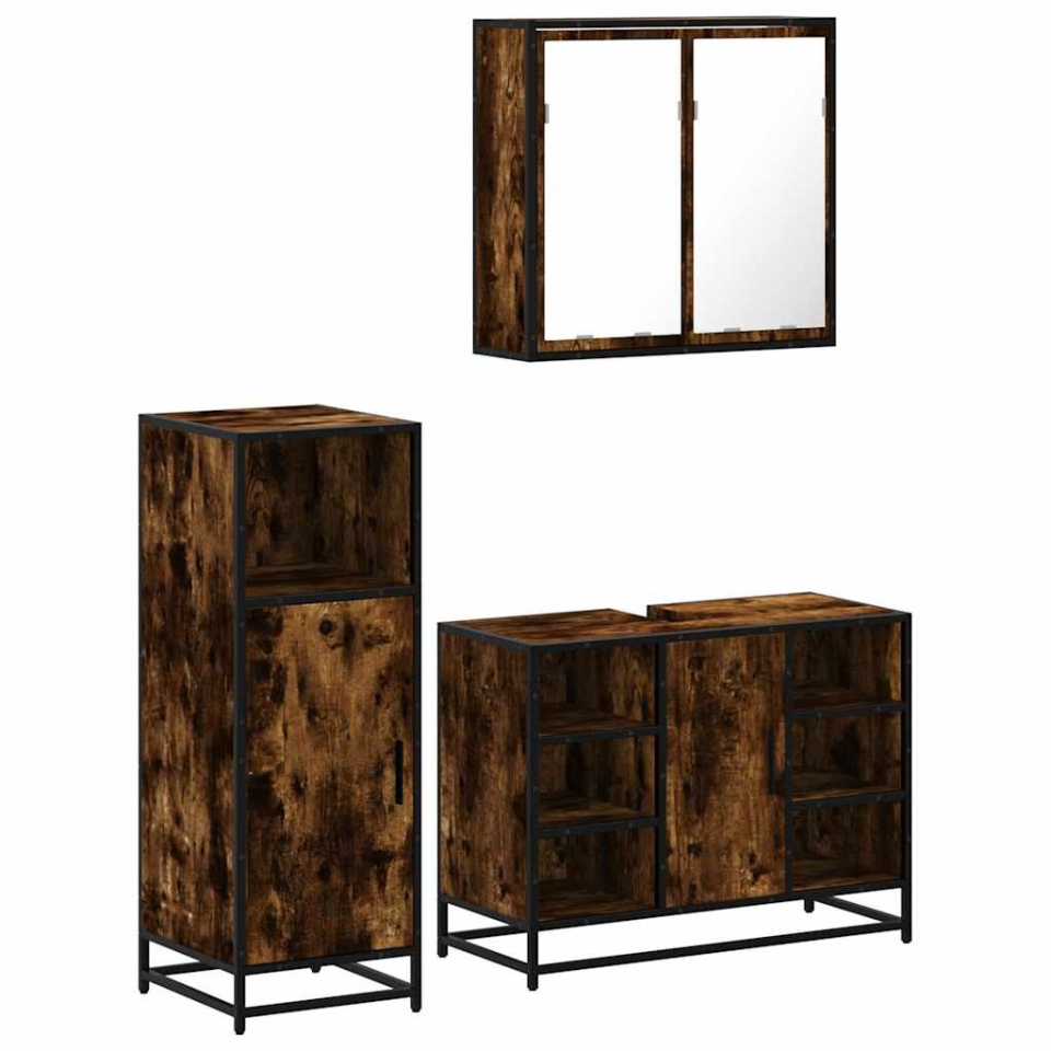 Set mobilier de baie, 3 piese, stejar fumuriu, lemn prelucrat - 1 | YEO