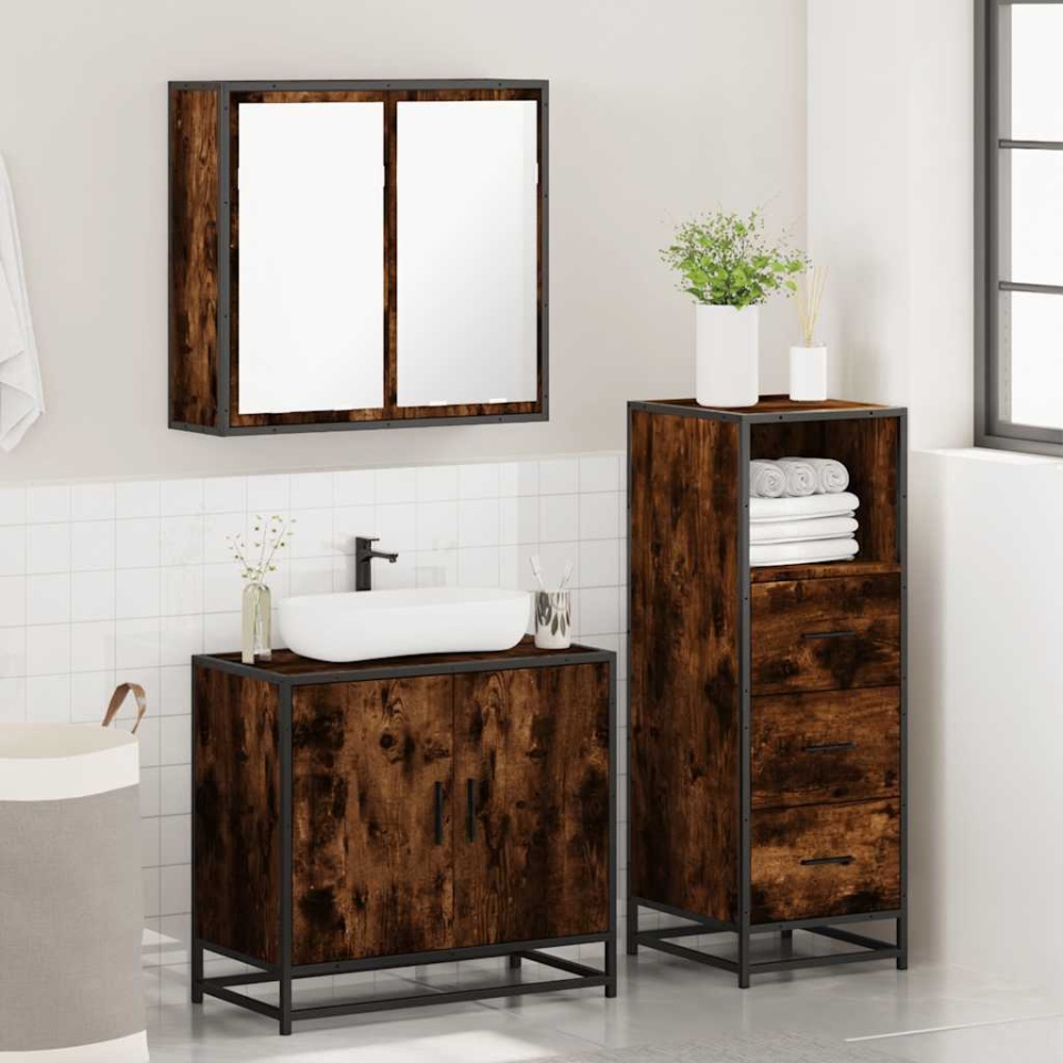Set mobilier de baie, 3 piese, stejar fumuriu, lemn prelucrat - 3 | YEO