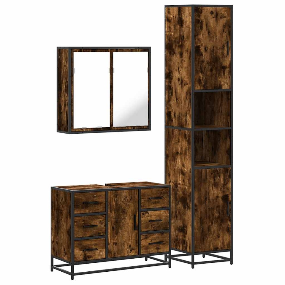 Set mobilier de baie, 3 piese, stejar fumuriu, lemn prelucrat - 1 | YEO