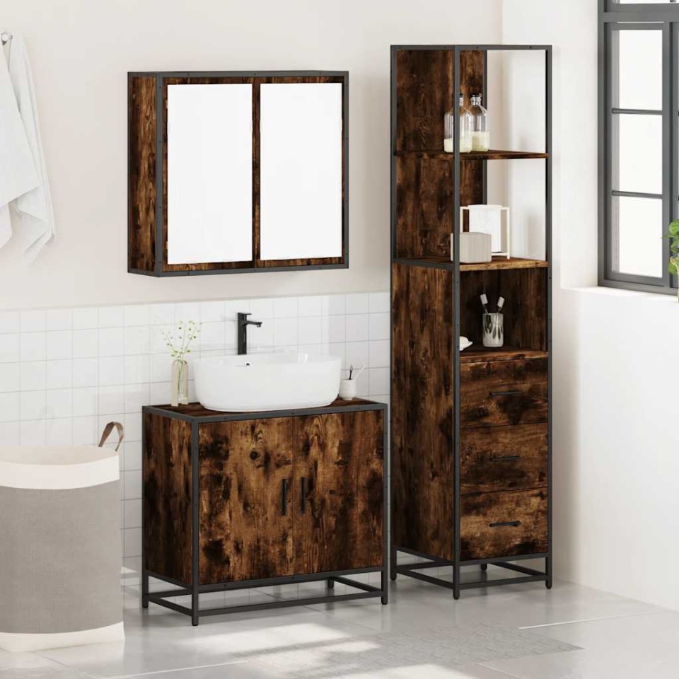 Set mobilier de baie, 3 piese, stejar fumuriu, lemn prelucrat - 2 | YEO