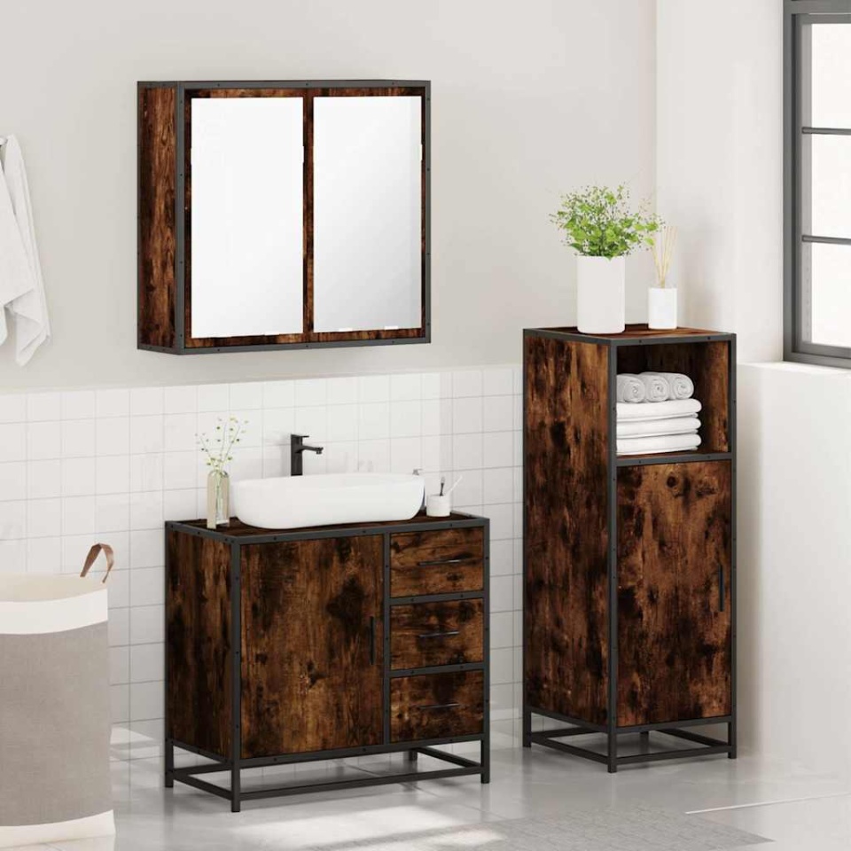 Set mobilier de baie, 3 piese, stejar fumuriu, lemn prelucrat - 3 | YEO