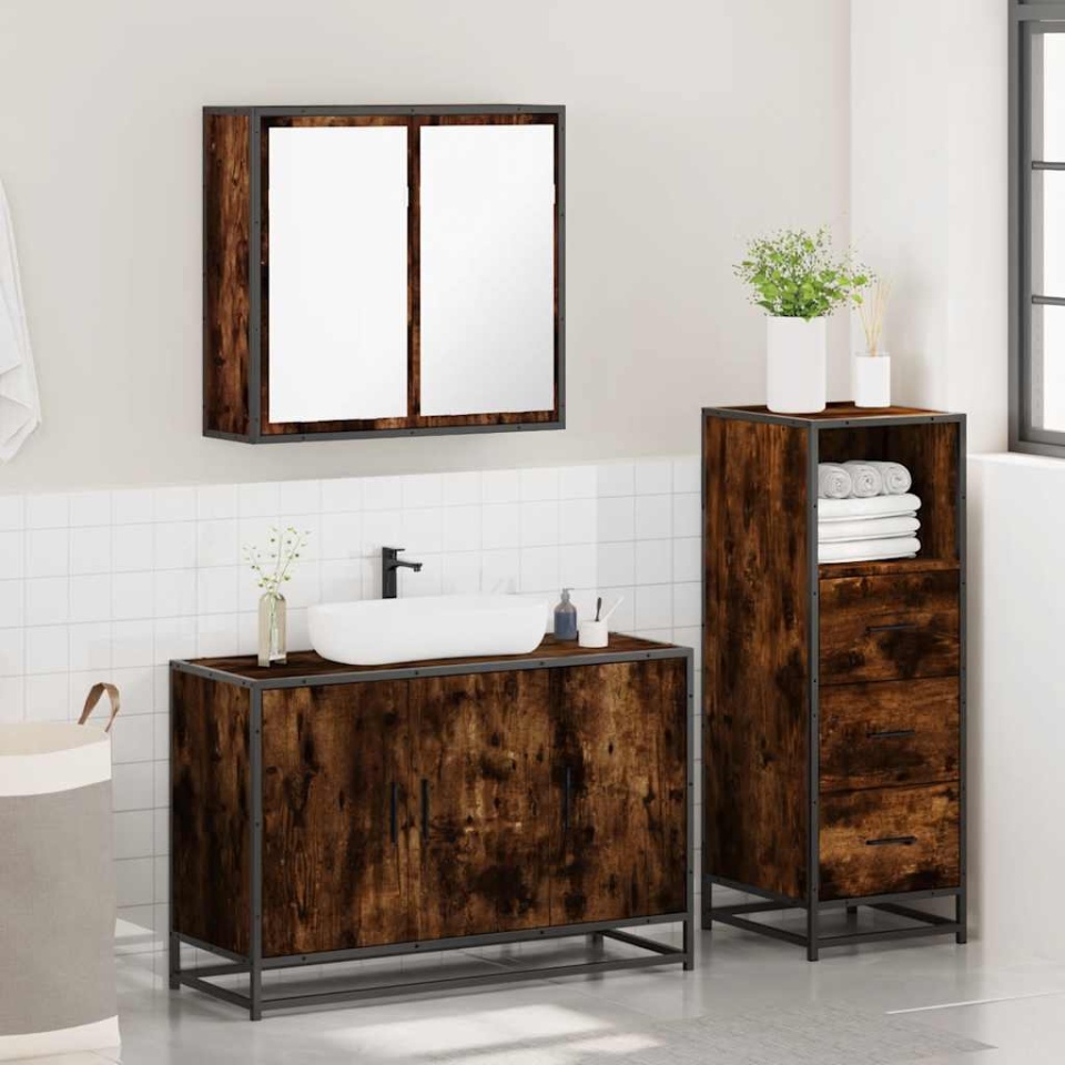 Set mobilier de baie, 3 piese, stejar fumuriu, lemn prelucrat - 3 | YEO