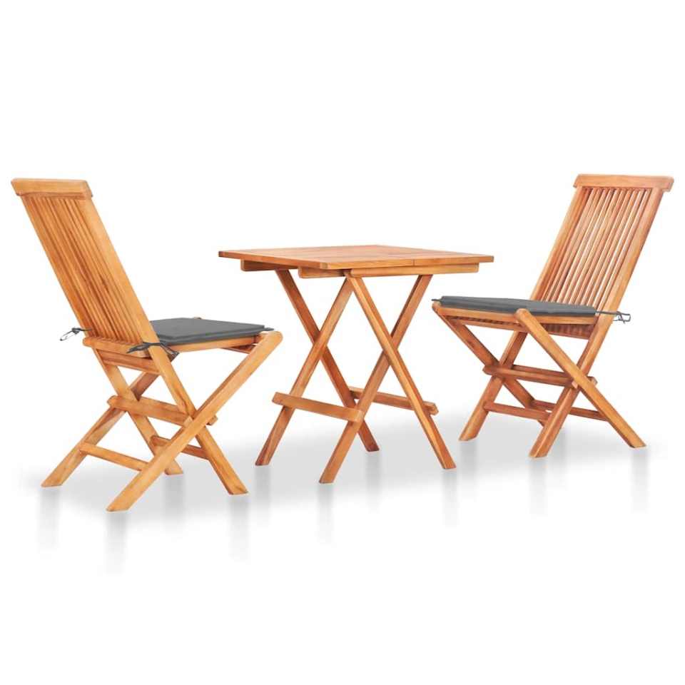 Set mobilier de bistro cu perne gri, 3 piese, lemn masiv de tec