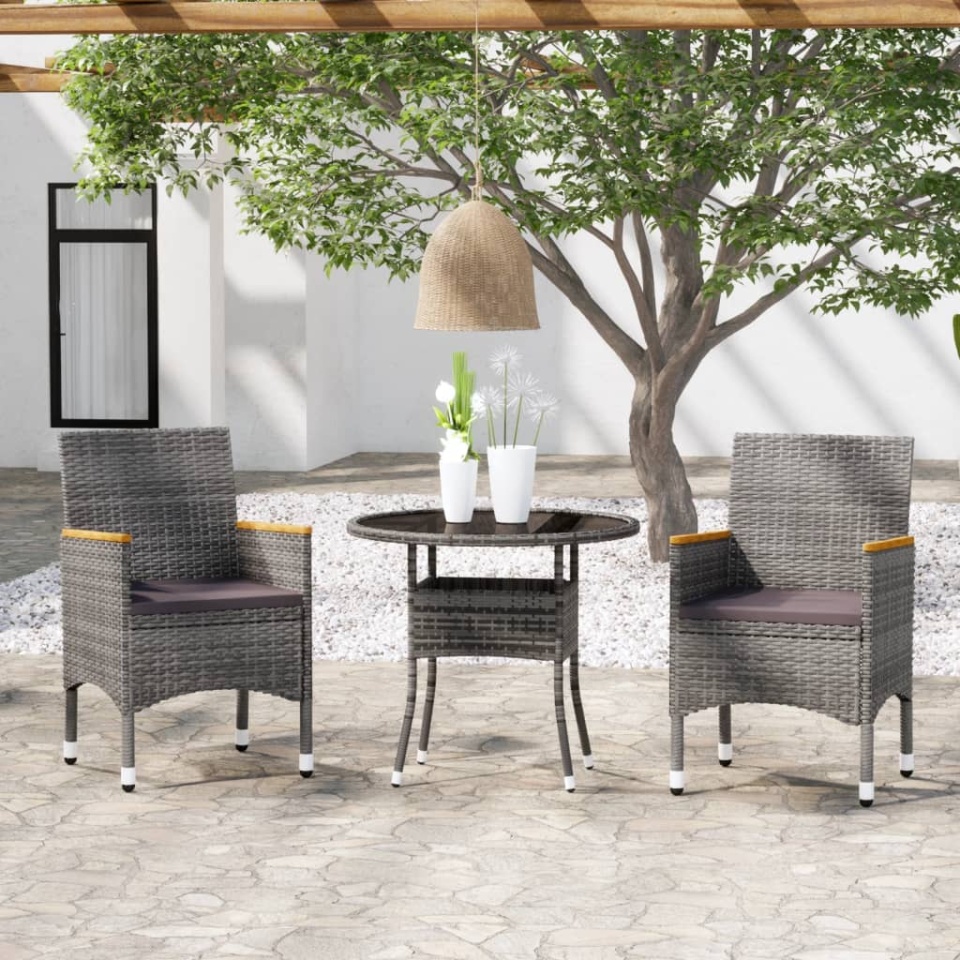 Set mobilier de grădină, 3 piese, gri, poliratan
