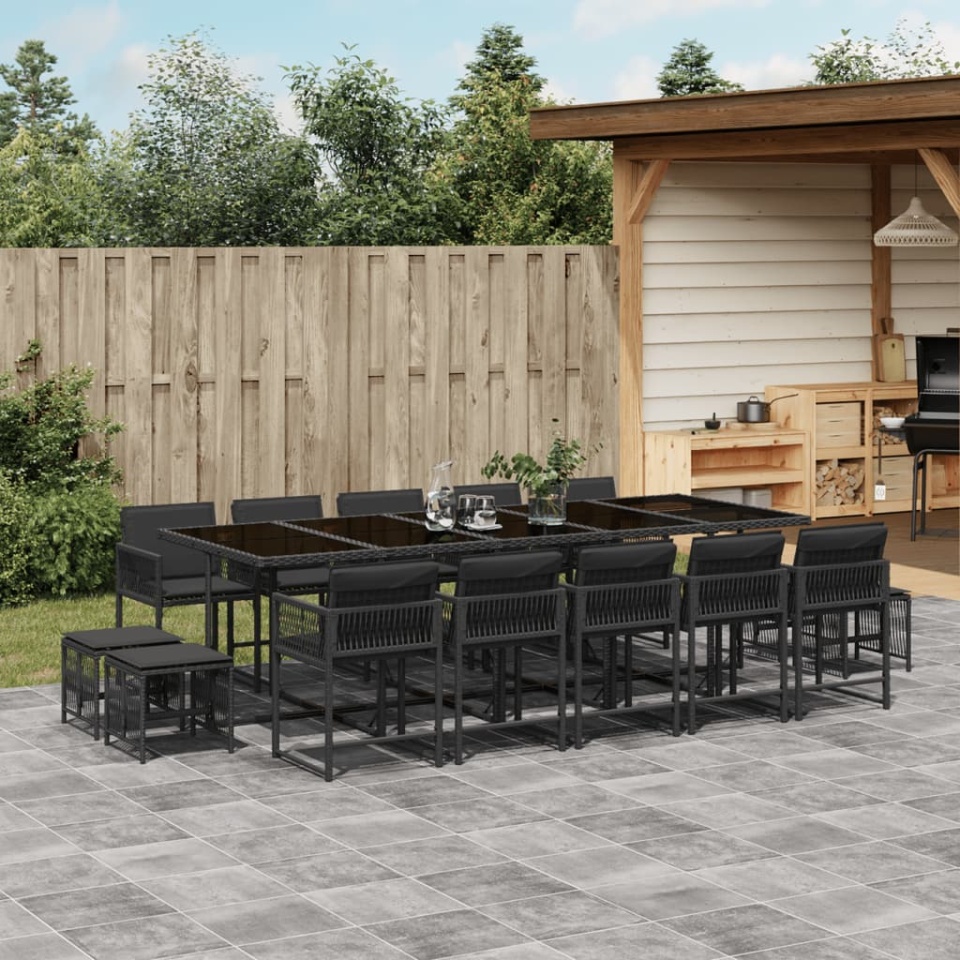 Set mobilier de grădină cu perne, 15 piese, negru, poliratan