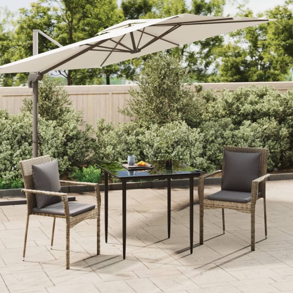 Set mobilier de grădină cu perne, 3 piese, negru/gri, poliratan