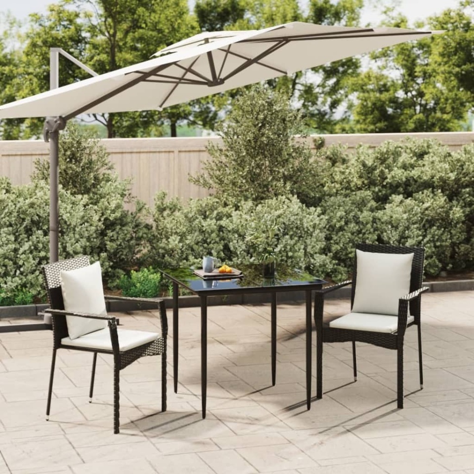 Set mobilier de grădină cu perne, 3 piese, negru, poliratan