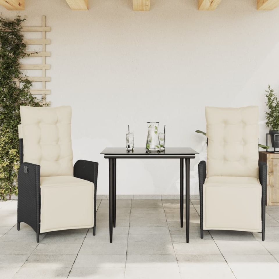 Set mobilier de grădină cu perne, 3 piese, negru, poliratan
