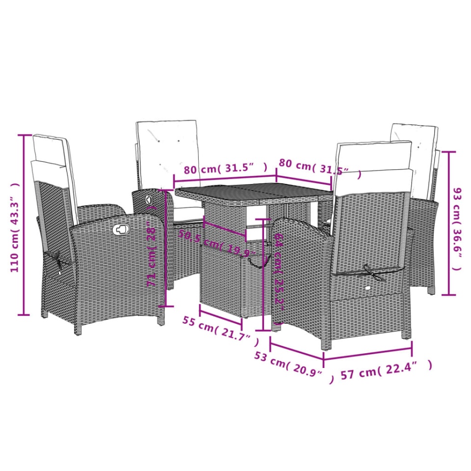 Set mobilier de grădină cu perne, 5 piese, negru, poliratan - 2 | YEO