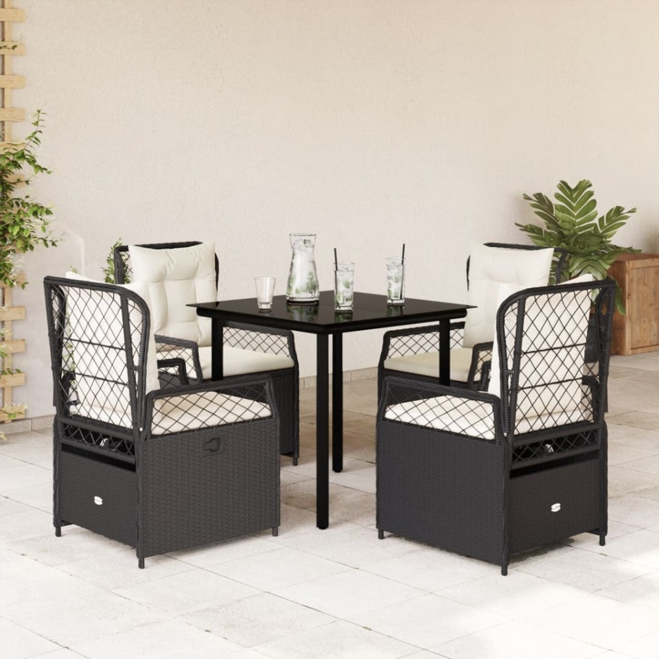Set mobilier de grădină cu perne, 5 piese, negru, poliratan