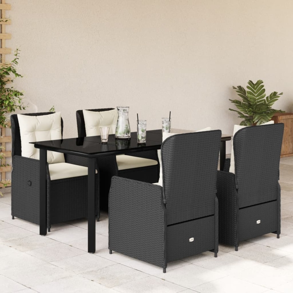 Set mobilier de grădină cu perne, 5 piese, negru, poliratan
