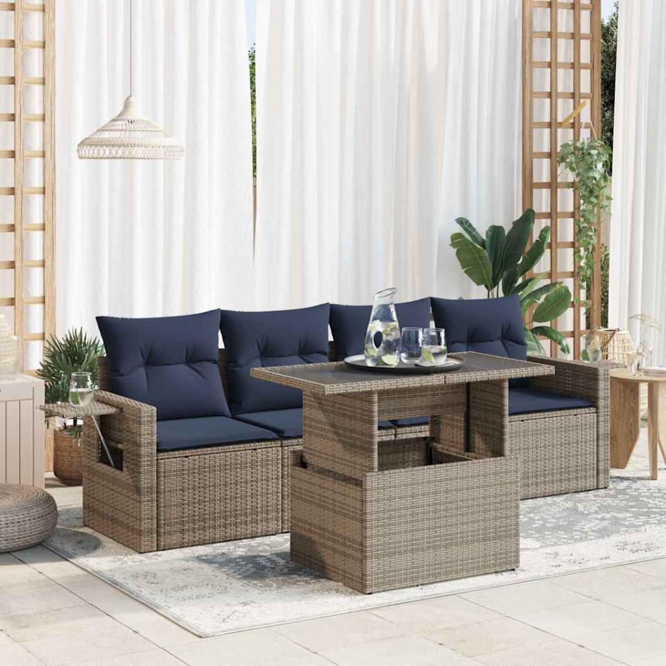 Set mobilier de grădină cu perne, 5 piese,poliratan/lemn acacia