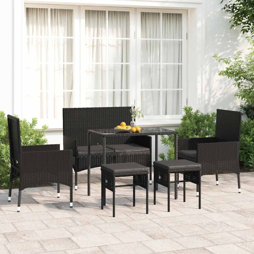 Set mobilier de grădină cu perne, 6 piese, negru, poliratan