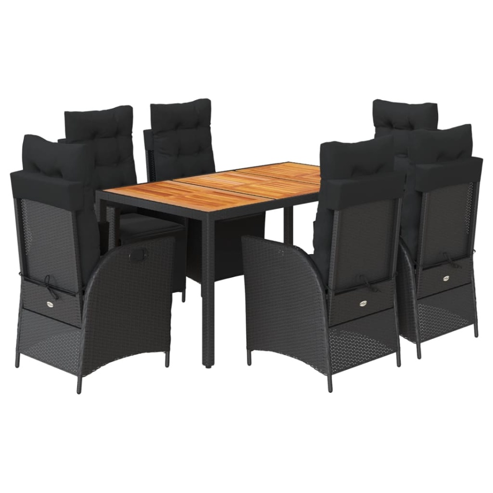 Set mobilier de grădină cu perne, 7 piese, negru, poliratan - 1 | YEO