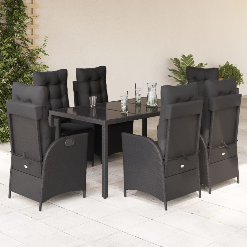 Set mobilier de grădină cu perne, 7 piese, negru, poliratan