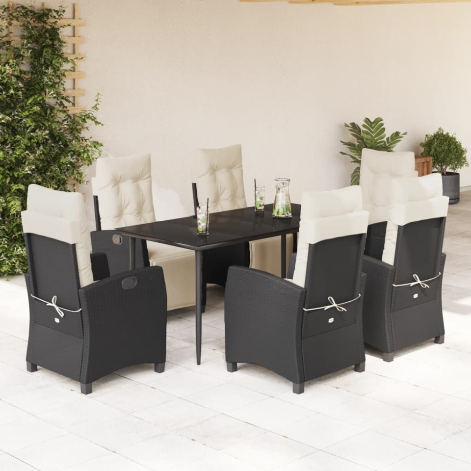 Set mobilier de grădină cu perne, 7 piese, negru, poliratan