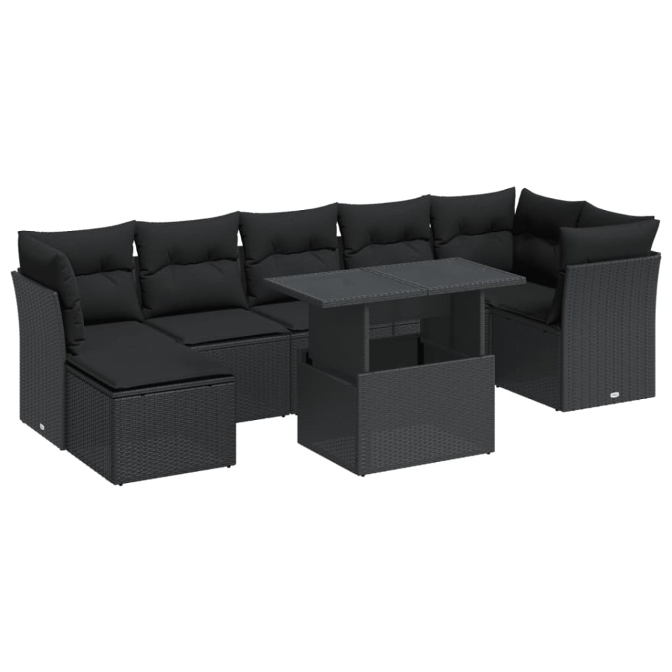 Set mobilier de grădină cu perne, 8 piese, negru, poliratan - 1 | YEO