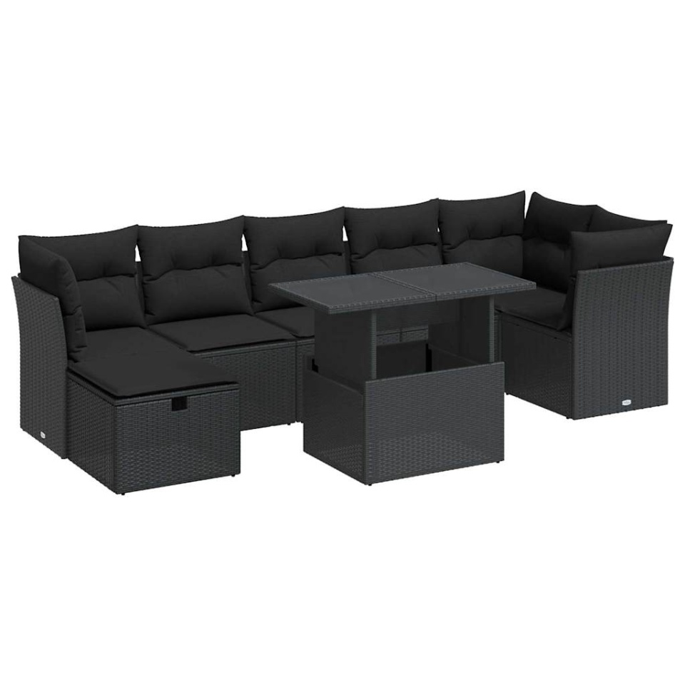 Set mobilier de grădină cu perne, 8 piese, negru, poliratan - 1 | YEO