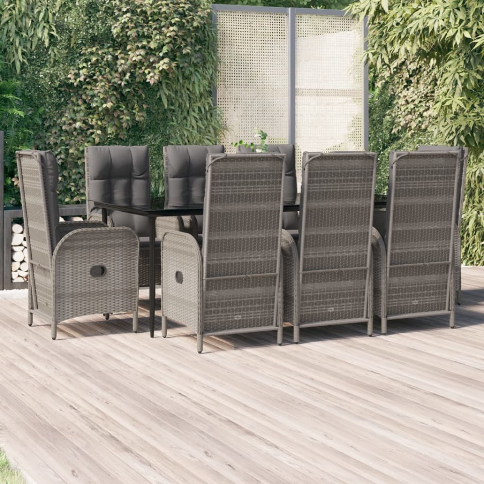 Set mobilier de grădină cu perne, 9 piese, negru/gri, poliratan