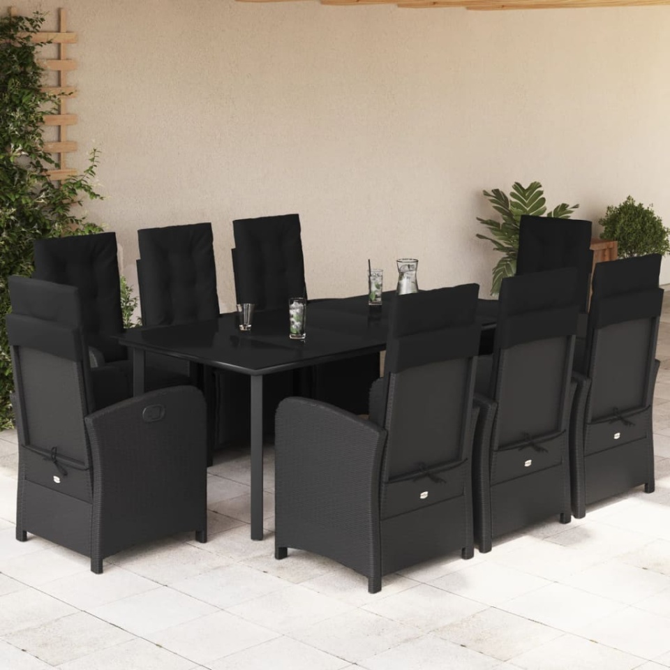 Set mobilier de grădină cu perne, 9 piese, negru, poliratan