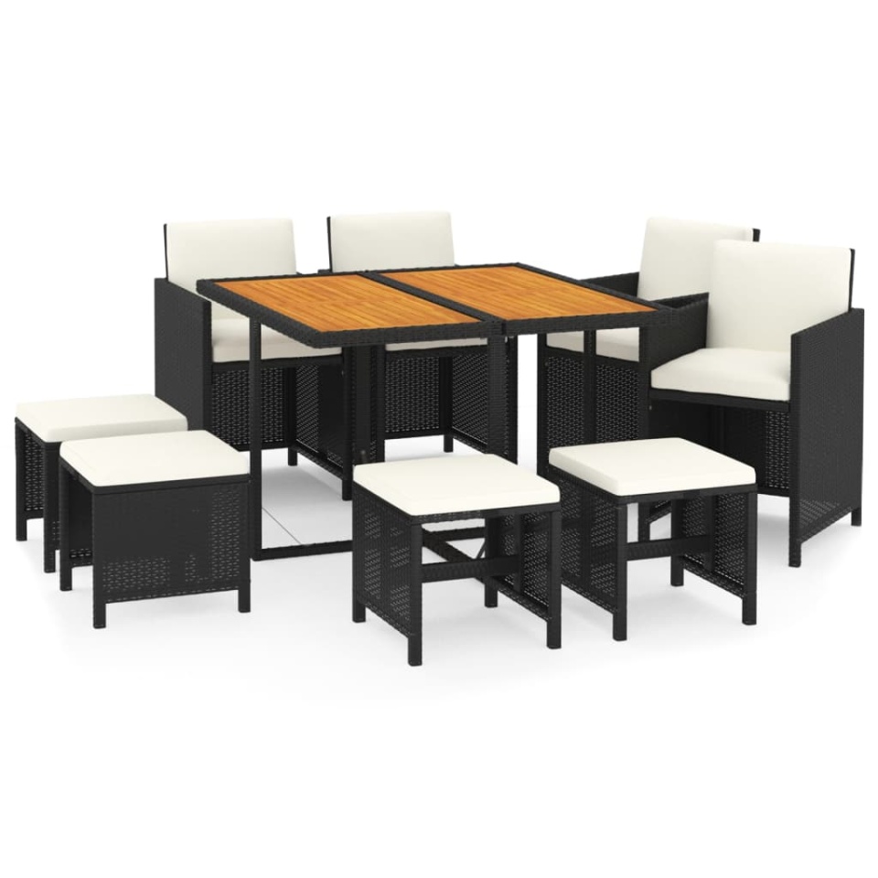 Set mobilier de grădină cu perne, 9 piese, negru, poliratan - 1 | YEO