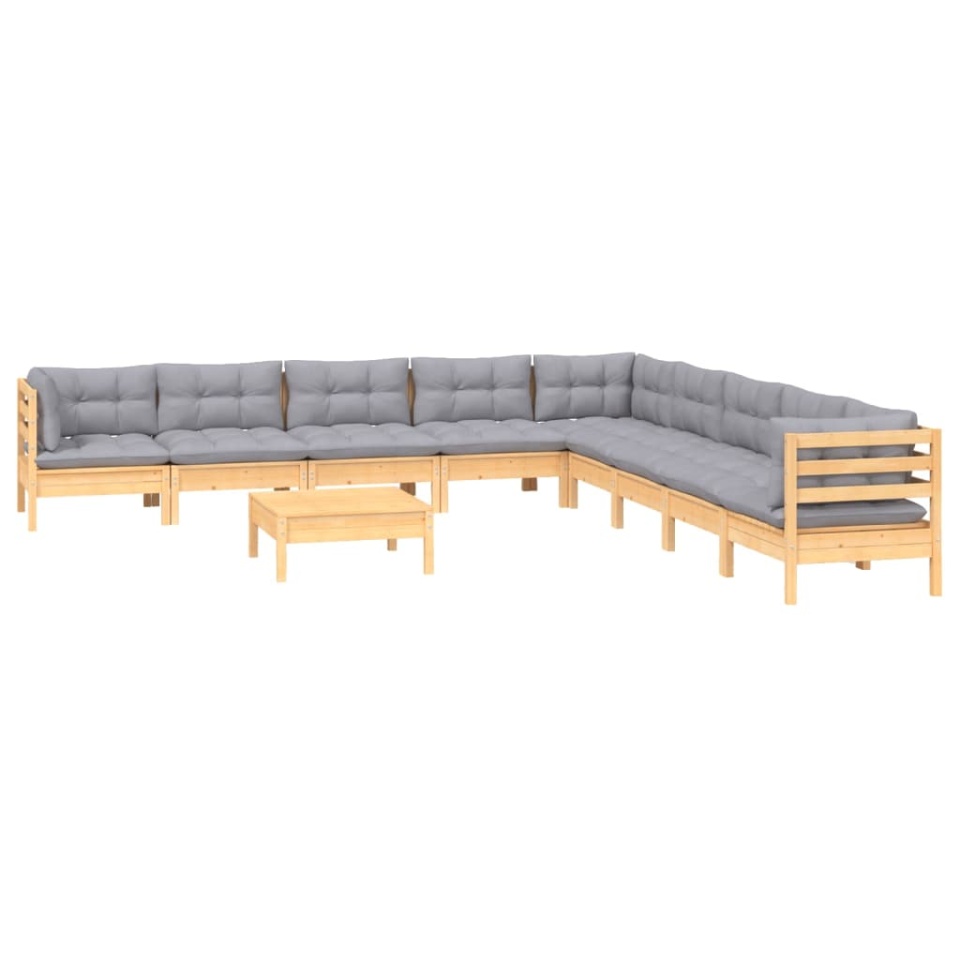 Set mobilier grădină cu perne, 10 piese, gri, lemn masiv pin - 2 | YEO
