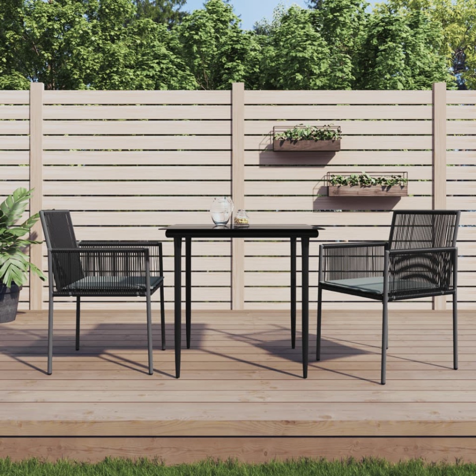 Set mobilier grădină cu perne, 3 piese, negru, poliratan & oțel