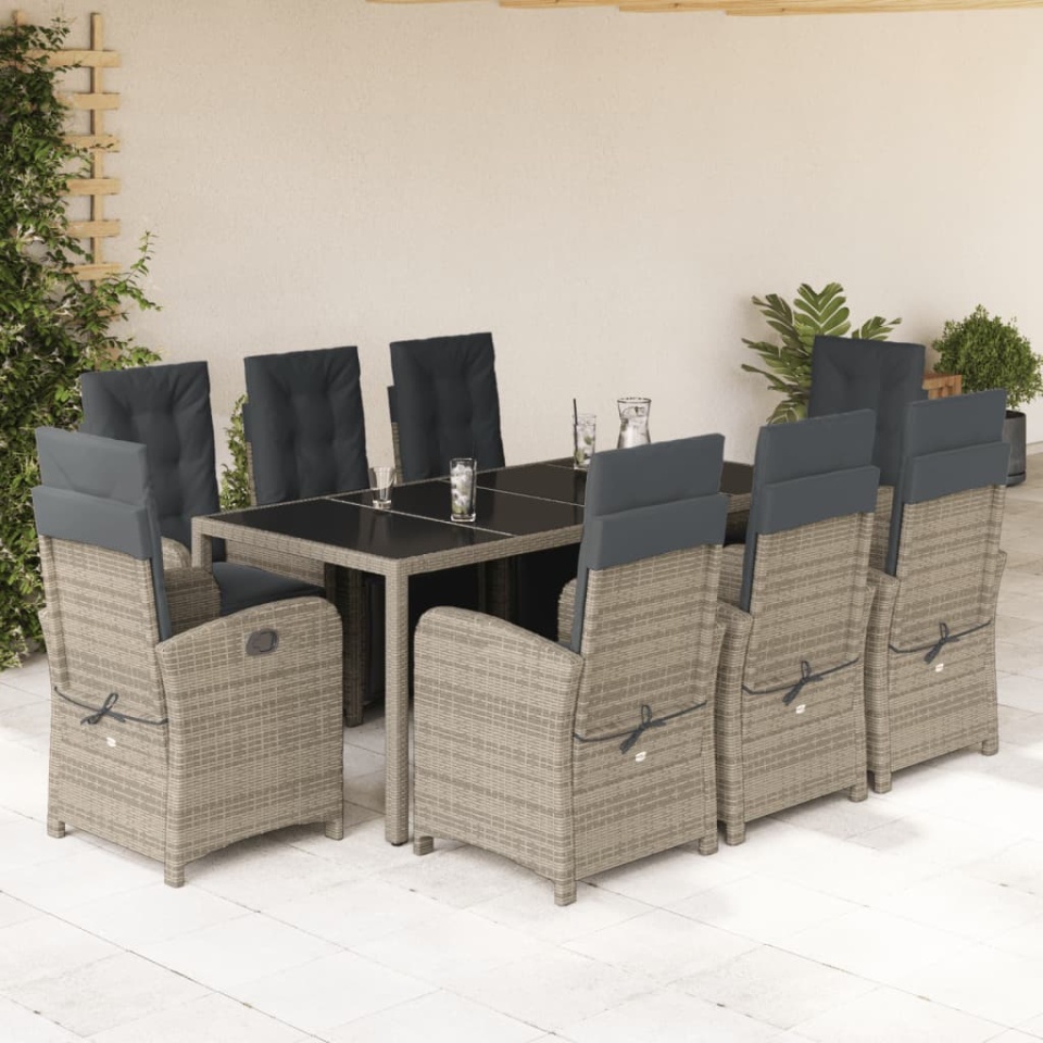 Set mobilier grădină cu perne, 9 piese, gri, poliratan