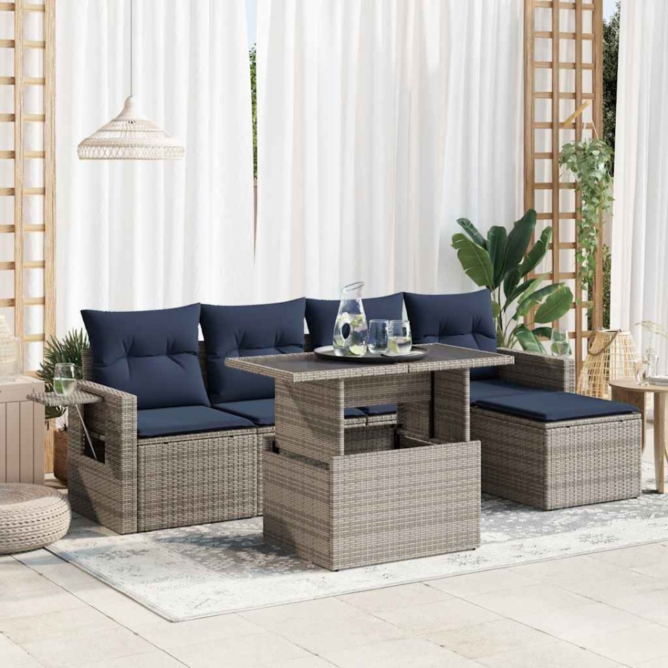 Set mobilier grădină perne 6 piese negru poliratan/lemn acacia