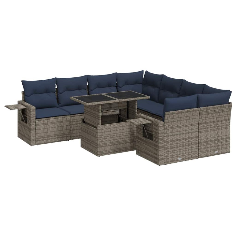 Set mobilier grădină perne 9 piese negru poliratan/lemn acacia - 1 | YEO