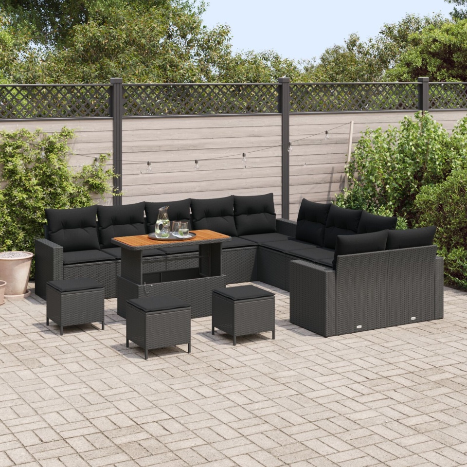Set Sofa Grădină 13 Piese cu Perne Poliratan Negru Acacia, Set Dining Grădină 3 Piese cu Perne Poliratan Negru Acacia - 2 | YEO