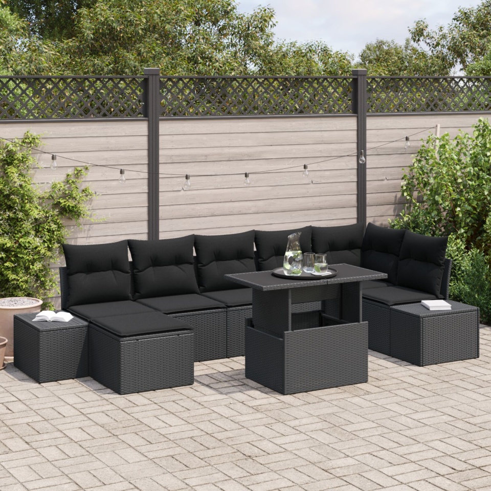 Set Sofa Grădină 8 Piese Negru Poliratan, Sticlă