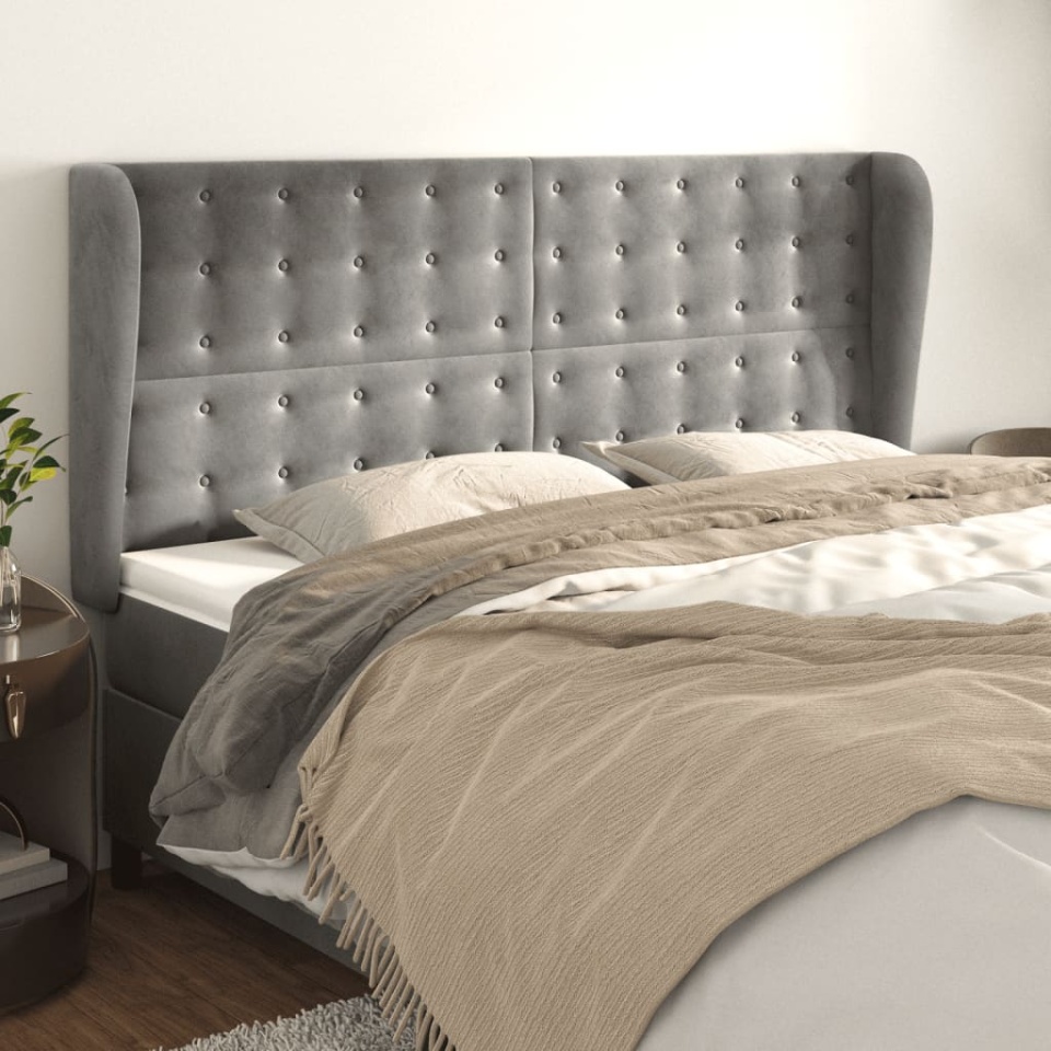 Tăblie de pat cu aripioare gri deschis 203x23x118/128cm catifea