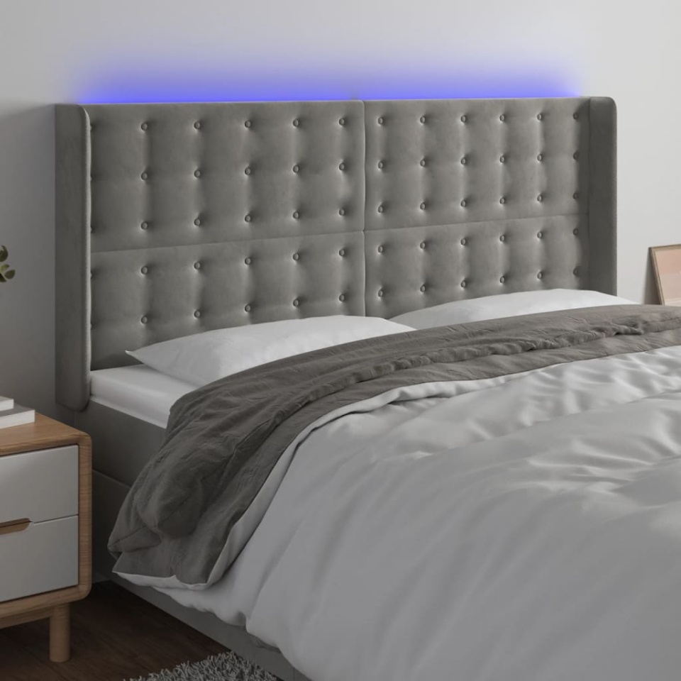 Tăblie de pat cu LED, gri deschis, 203x16x118/128 cm, catifea