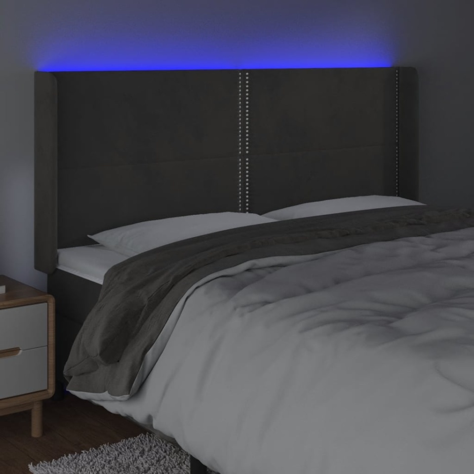 Tăblie de pat cu LED, gri închis, 183x16x118/128 cm, catifea - 3 | YEO