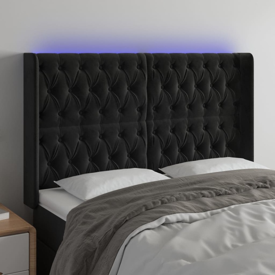 Tăblie de pat cu LED, negru, 147x16x118/128 cm, catifea