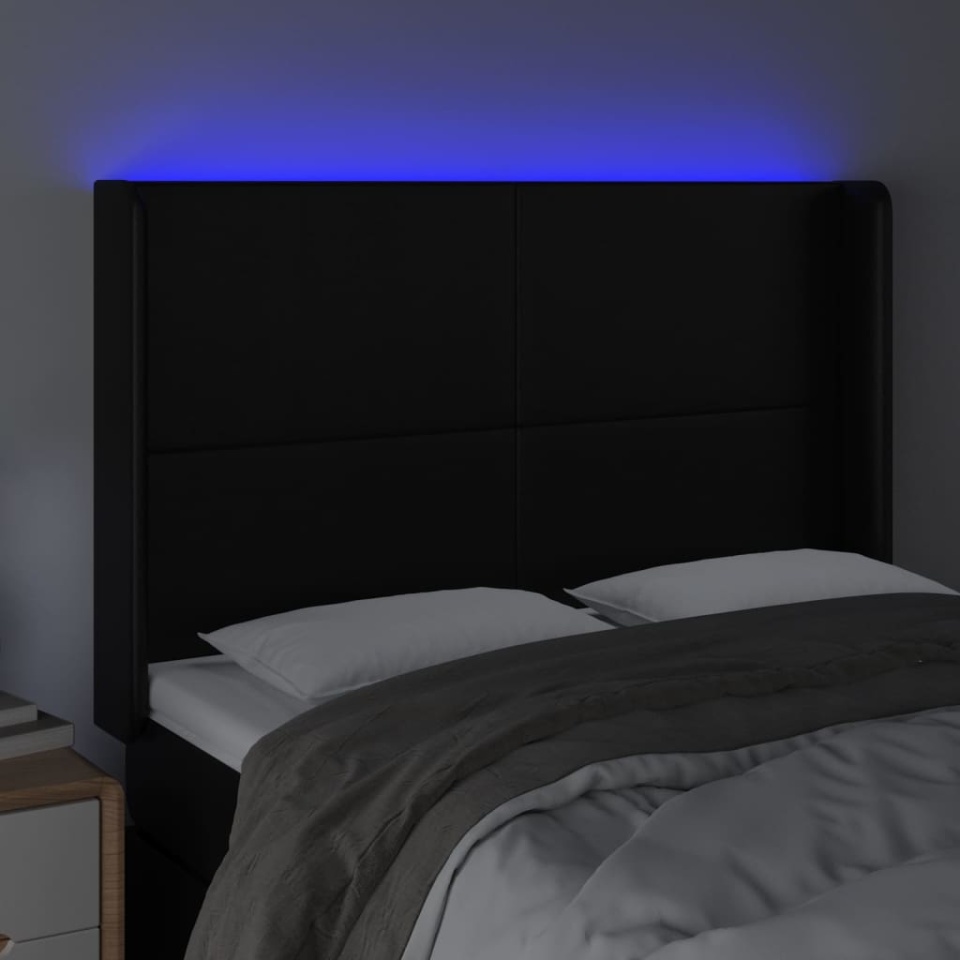 Tăblie de pat cu LED, negru, 147x16x118/128 cm, piele ecologică - 3 | YEO