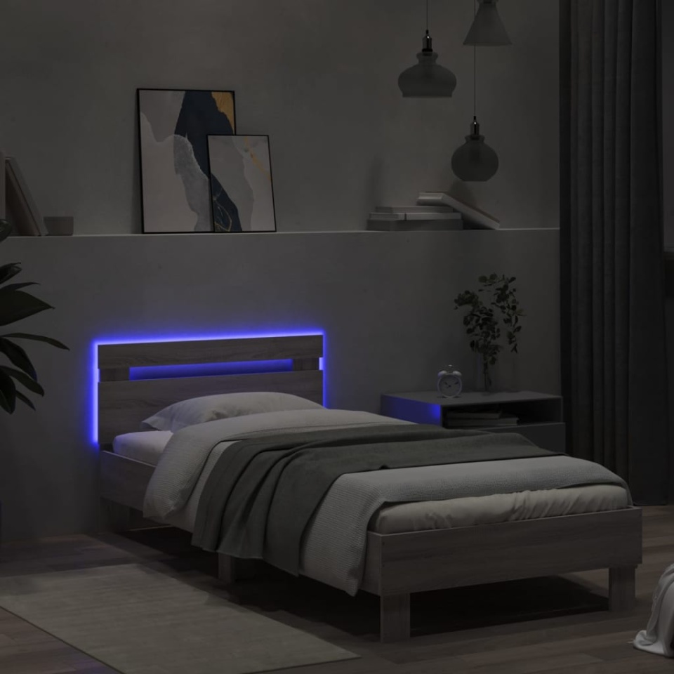 Cadru de pat cu tăblie și lumini LED, gri sonoma, 90x190 cm - 3 | YEO