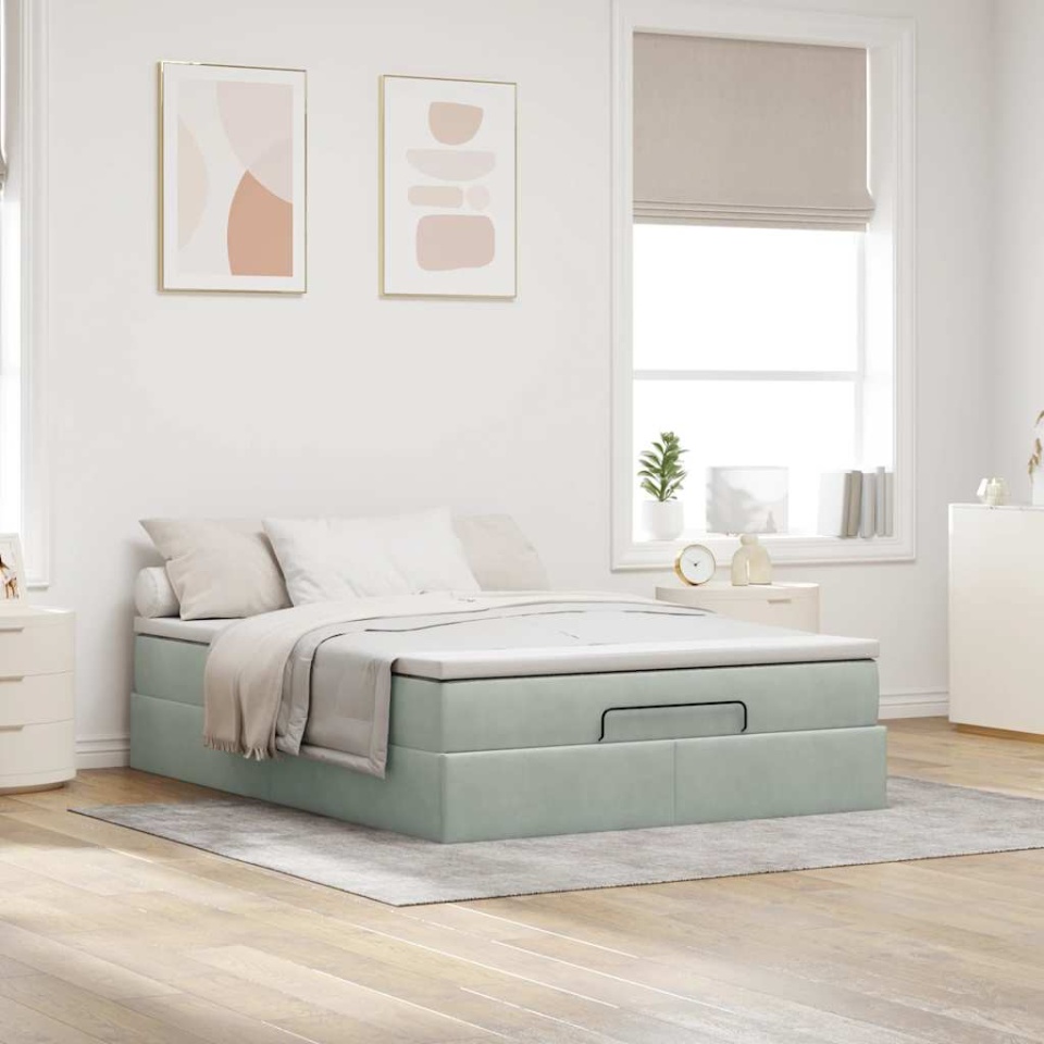 Cadru de pat otoman cu saltea Gri deschis 140x190cm catifea - 2 | YEO