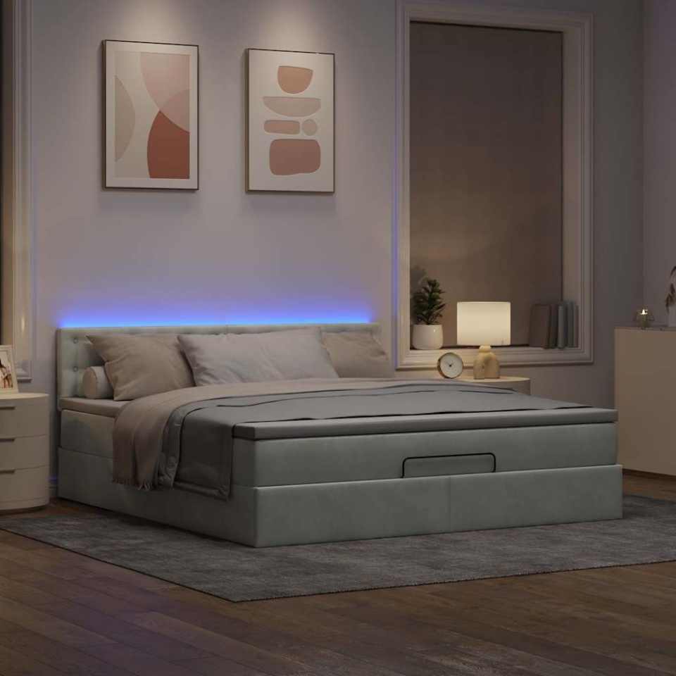 Cadru de pat otoman cu saltea Gri deschis 180x200cm catifea - 2 | YEO